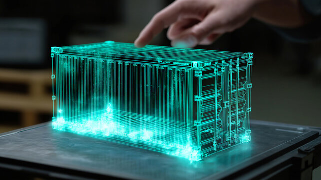 A glowing turquoise holographic 3D container model displayed on a digital industrial workstation, with a human hand interacting with the virtual interface.
