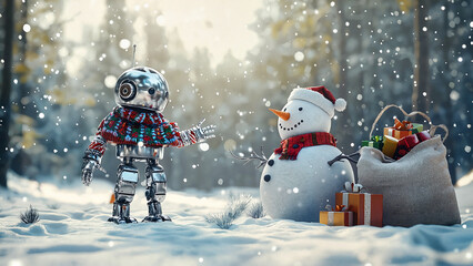 Robot greeting a snowman with gifts in a snowy New Year setting