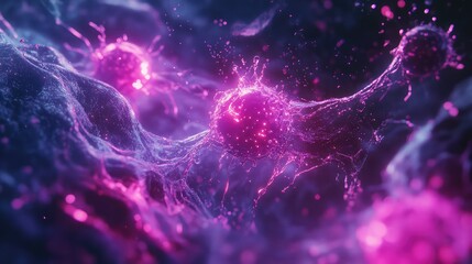 Microscopic cells communicating in a purple glowing network