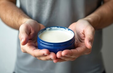 Hands hold open blue jar with hair styling wax or pomade cream. Male grooming product for stylish hair. Essential cosmetic for men care and appearance.