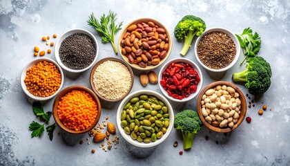 A vibrant overhead shot of diverse, colorful ingredients neatly arranged in small bowls atop a textured, light-colored surface