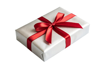 Fototapeta premium White Gift Box with Red Satin Ribbon Bow on White Background
