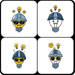 Cute light bulb characters dressed as workers,  Funny idea bulb mascots wearing hard hats and sunglasses,  Playful construction themed light bulb characters