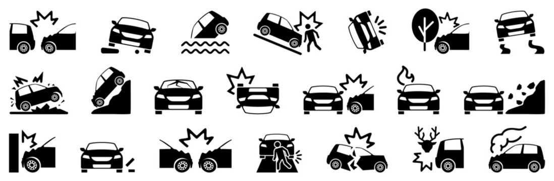 Car accident icon collection in solid black style. Crash and damage symbols for insurance, safety, and transport concepts