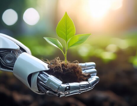 robotic hand holding a growing green plant symbolizing technology and nature harmony - Powered by Adobe