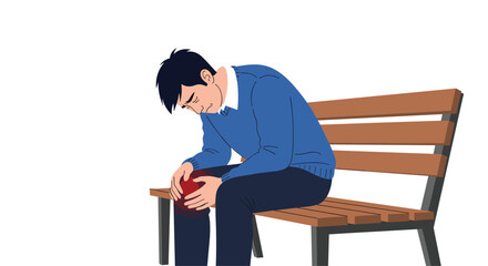 Man feeling knee pain sitting alone on park bench, seeking relief from injury, ideal for healthcare and medical visuals