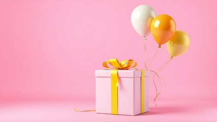 Pink gift box tied with yellow ribbon and balloons on pink background