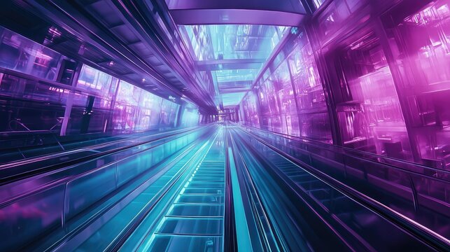 Futuristic escalator moving through modern illuminated architecture
