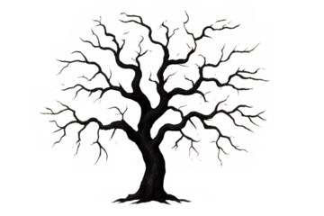 Dead tree silhouette with gnarled branches on transparent background, symbolizing desolation, fear, and halloween