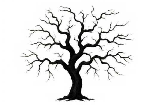 Dead tree silhouette with gnarled branches on transparent background, symbolizing desolation, fear, and halloween