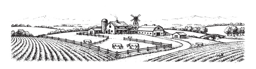 Fototapeta premium A black and white photo of a rural landscape with a windmill in the foreground. Concept of peace and tranquility, as the viewer is transported to a simpler time in the countryside