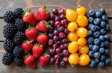 Assortment of fresh berries and fruits arranged in rainbow colors on rustic wood. Blackberries, strawberries, grapes, yellow plum tomatoes, blueberries create vibrant healthy food display.