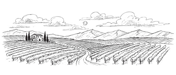 Naklejka premium The image is a black and white drawing of a mountain range with a road running through it. The scene is peaceful and serene, with the mountains in the background. The drawing is done in a stylized