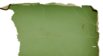 A distressed and torn vintage green paper texture with rough edges isolated on transparent background