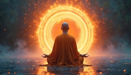 Bald man in orange robe sits meditating. Bright circular light portal glows behind him. Peaceful spiritual energy emanates creating calm atmosphere. Mystical scene promotes inner balance.