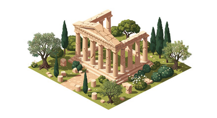 Obraz premium An ancient Greek temple ruin with lush greenery in a tranquil isometric landscape, perfect for history, travel, or architectural projects