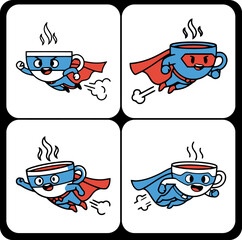 Four cartoon robots with different tools and faces,  Cute workshop robot characters with funny expressions,  Playful mechanical mascots for tech themes