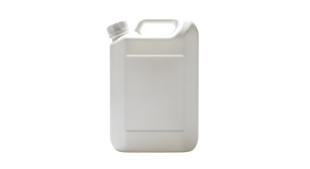 A tall white plastic jerrycan with a handle and cap isolated on transparent background