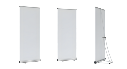 Three blank white roll up banner stands with metal bases displayed side by side isolated on transparent background
