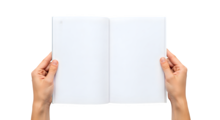 Hands holding open blank white book pages isolated on transparent background for design