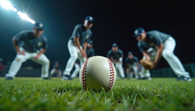Baseball players crouch low on green grass field at night under stadium lights. Focus on ball and players ready for action. Team sport competition practice.