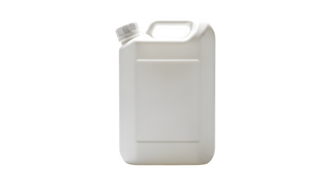 A tall white plastic jerrycan with a handle and cap isolated on transparent background