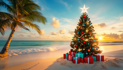 Fototapeta premium christmas tree and gifts on the sandy beach