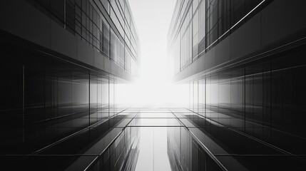 Obraz premium Modern glass architecture converging to light in monochrome