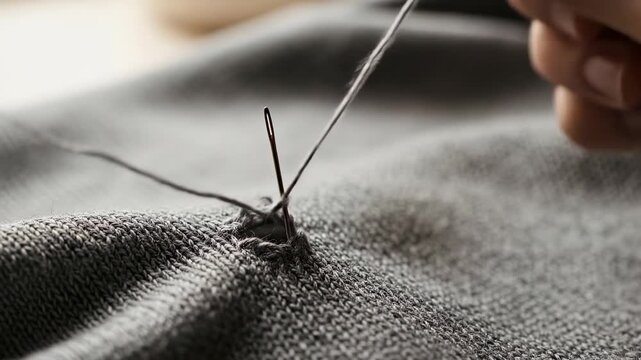 Detailed Close Up of Hands Mending a Hole in Fabric with Needle and Thread.