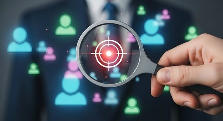 Magnifying glass focuses on target customer icon in digital network