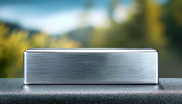 silver reflective rectangular object with blurred background and surface detail