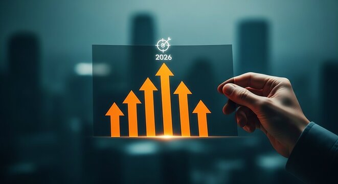 Hand interacting with a glowing upward trending financial graph on a city background