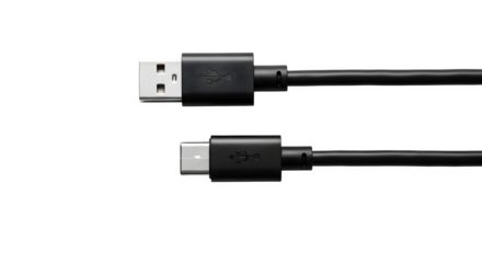 Close up of a black usb a to usb micro b cable connector ends isolated on transparent background