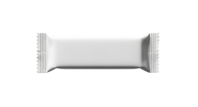 Blank white rectangular candy bar wrapper with crimped edges isolated on transparent background