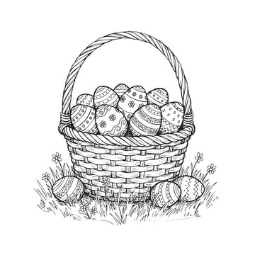 basket of easter eggs in black and white clip art preview