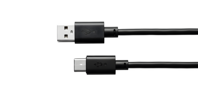 Close up of a black usb a to usb micro b cable connector ends isolated on transparent background