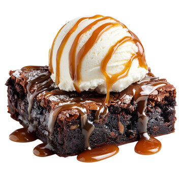 Delicious brownie topped with vanilla ice cream and caramel sauce on a black background