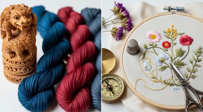 Embroidery Art and Craft Supplies Still Life featuring Yarn, Wooden Dragon Statue, and Floral