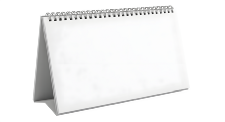 Blank white spiral bound desk calendar standing upright with pages ready for writing isolated on transparent background