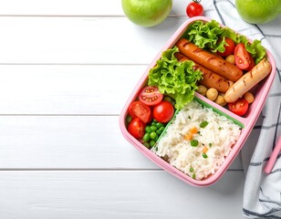 A vibrant, overhead shot presents a pink food container brimming with a diverse and colorful meal, alongside crisp apples, tomatoes, & greens