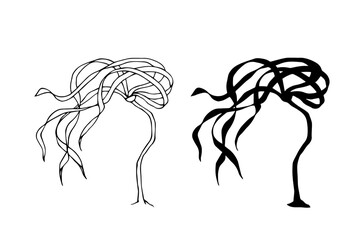 Line sketch, silhouette of sea plants, algae. Simple botanical elements. Vector graphics.