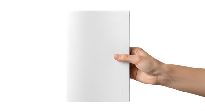 Hand holding a blank white paper roll or scroll isolated on transparent background