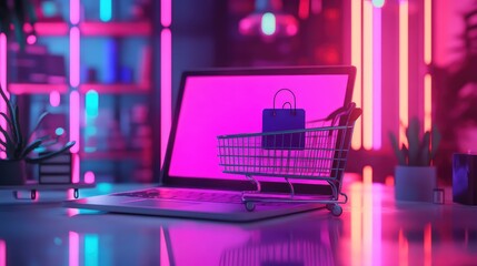 Online shopping cart on laptop screen with neon background