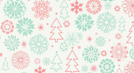 Minimalist Line Style Christmas Tree and Snowflake Decorative Pattern Background