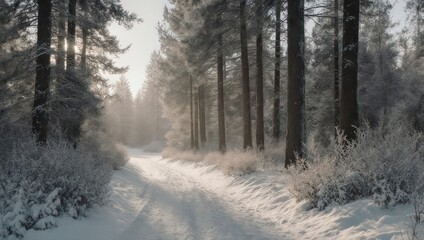 Obraz premium Snowy Forest Path - A Serene Winter Landscape.