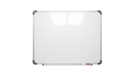 A clean and empty silver framed whiteboard with a marker tray isolated on transparent background