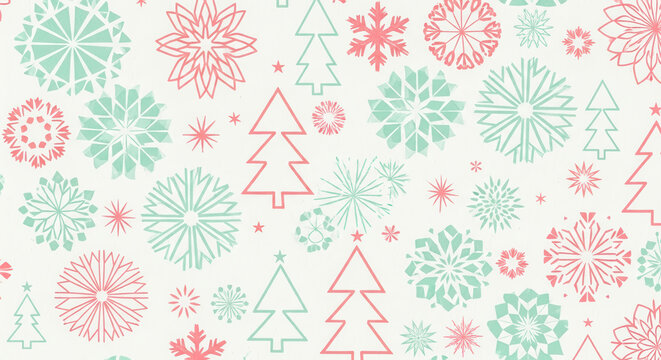 Minimalist Line Style Christmas Tree and Snowflake Decorative Pattern Background