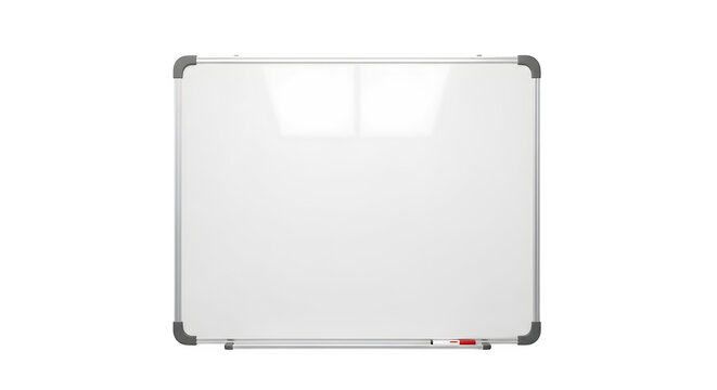 A clean and empty silver framed whiteboard with a marker tray isolated on transparent background - Powered by Adobe