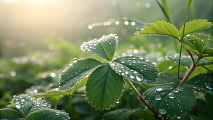 Close up of green leaves covered in water droplets with a blurred background on a sunny day
