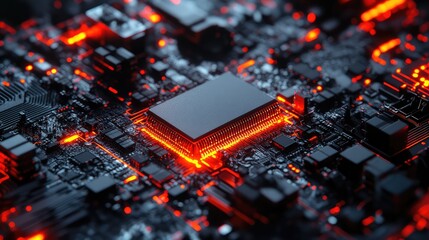 Central processing unit working on illuminated circuit board